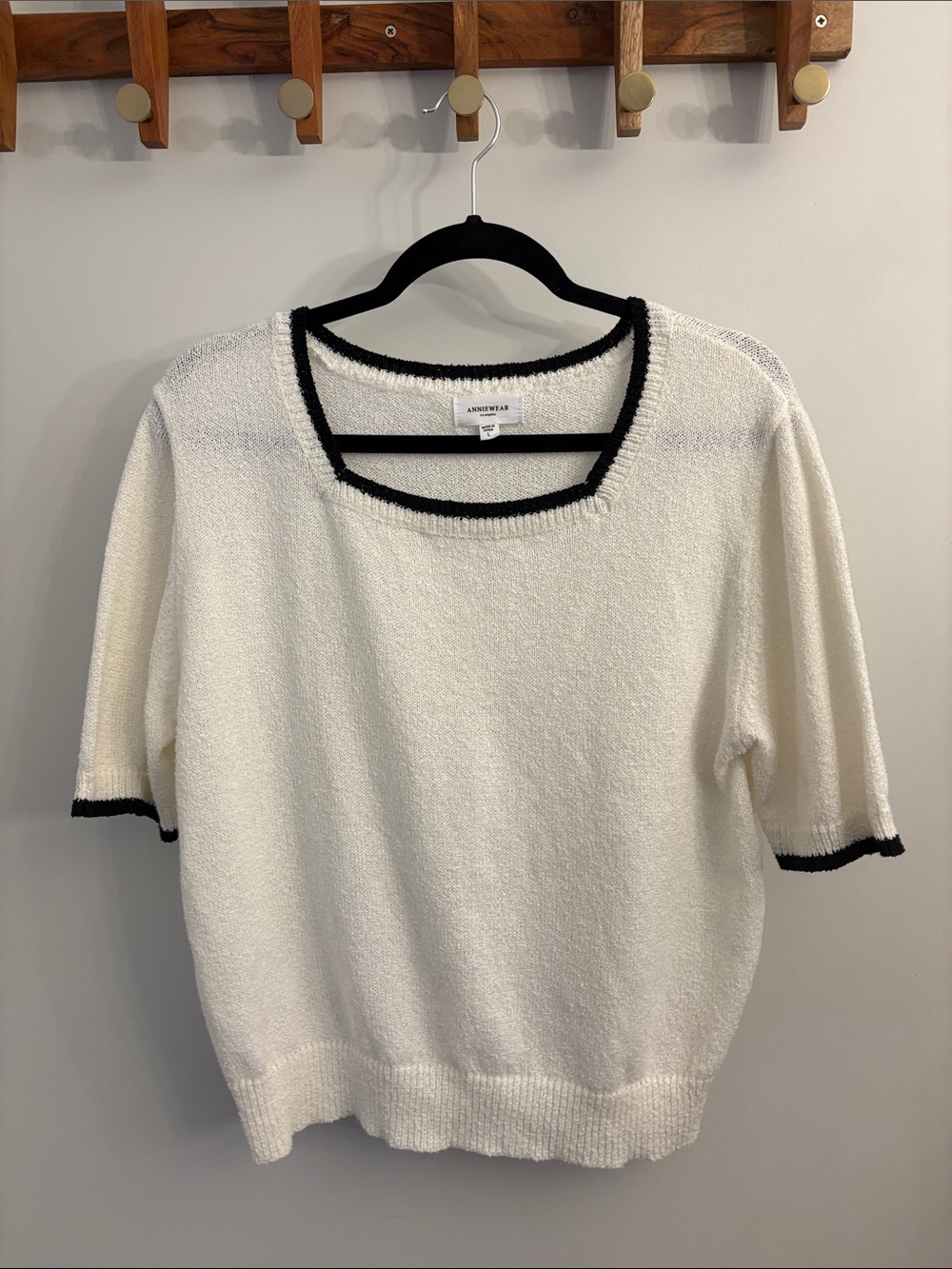 Cream Short Sleeve Knit Top with Black Trim